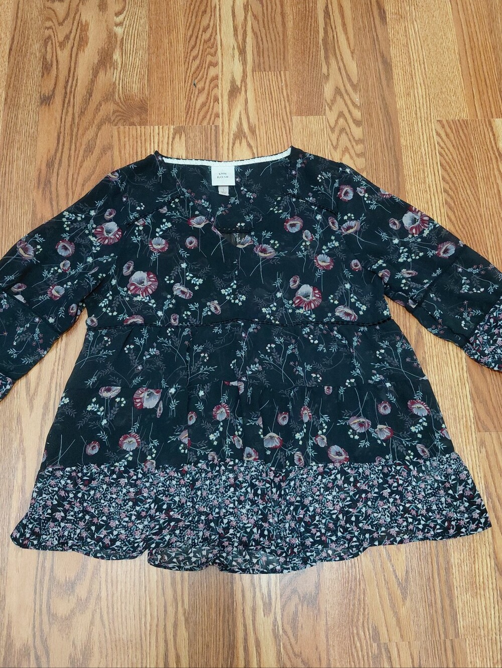 Knox Rose Baby Doll Flowy Top Women Size L Black Sheer Floral Tunic